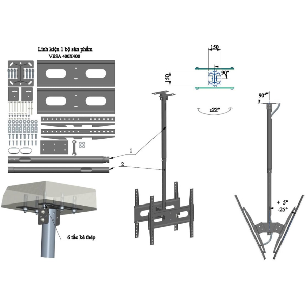 Khung treo thả trần Cảnh Phong TT01 (32 - 65 inch, chiều dài 768mm - 1.118mm)