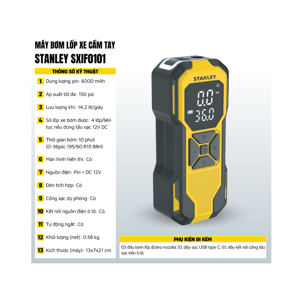 Máy bơm hơi dùng pin Stanley SXIF0101 (có đèn led, sạc dự phòng)