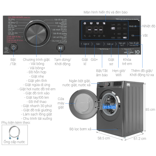 Máy giặt lồng ngang LG AI DD Inverter 9Kg FV1409S4M