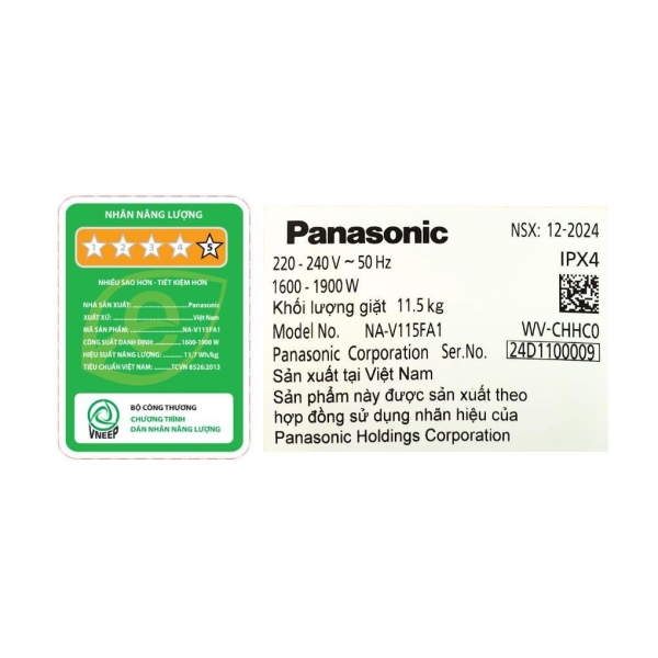 Máy giặt Panasonic Inverter 11.5kg NA-V115FA1LV (Mới)