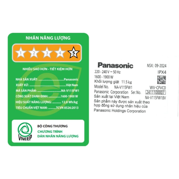 Máy giặt Panasonic Inverter 11.5kg NA-V115FW1BV
