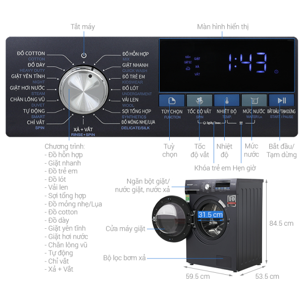  Máy giặt Sharp Inverter 11kg ES-FM110CB-SB