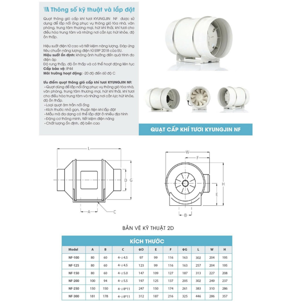 Quạt thông gió âm trần cấp khí tươi Kyungjin NF 250 2 tốc độ