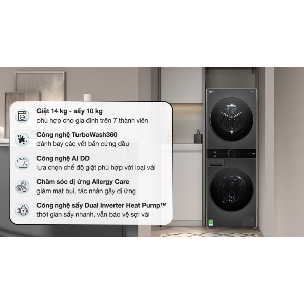 Tháp máy giặt cao cấp LG WashTower 14Kg + sấy 10Kg WT1410NHB