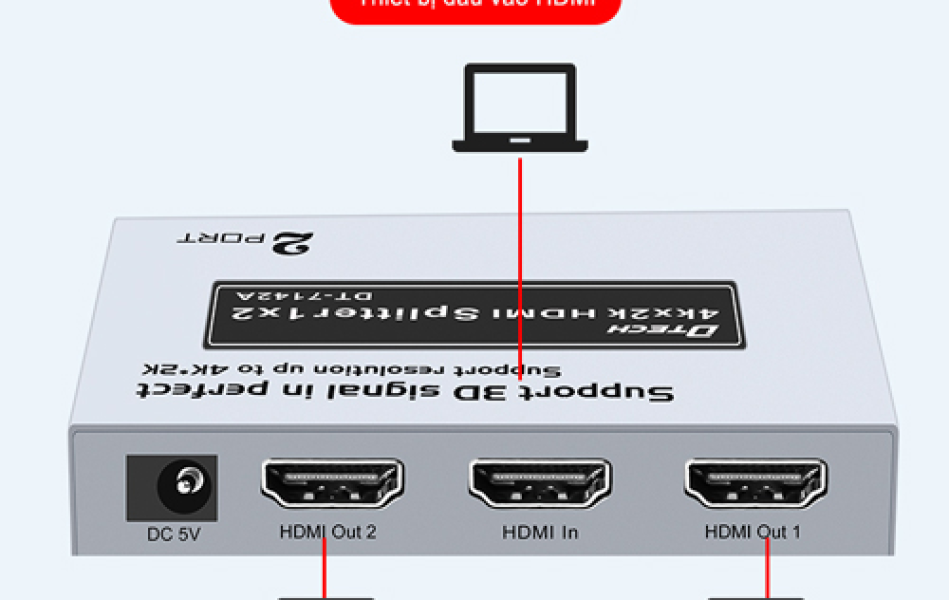 Bộ chia HDMI 1 vào 2 ra 4K Dtech DT-7142A