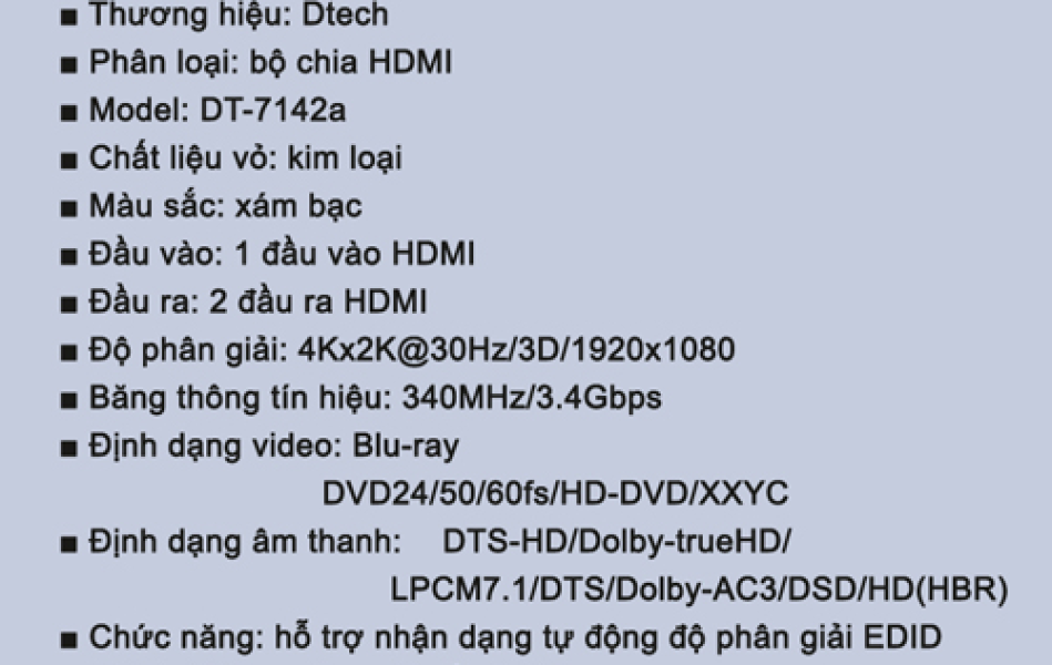 Bộ chia HDMI 1 vào 2 ra 4K Dtech DT-7142A