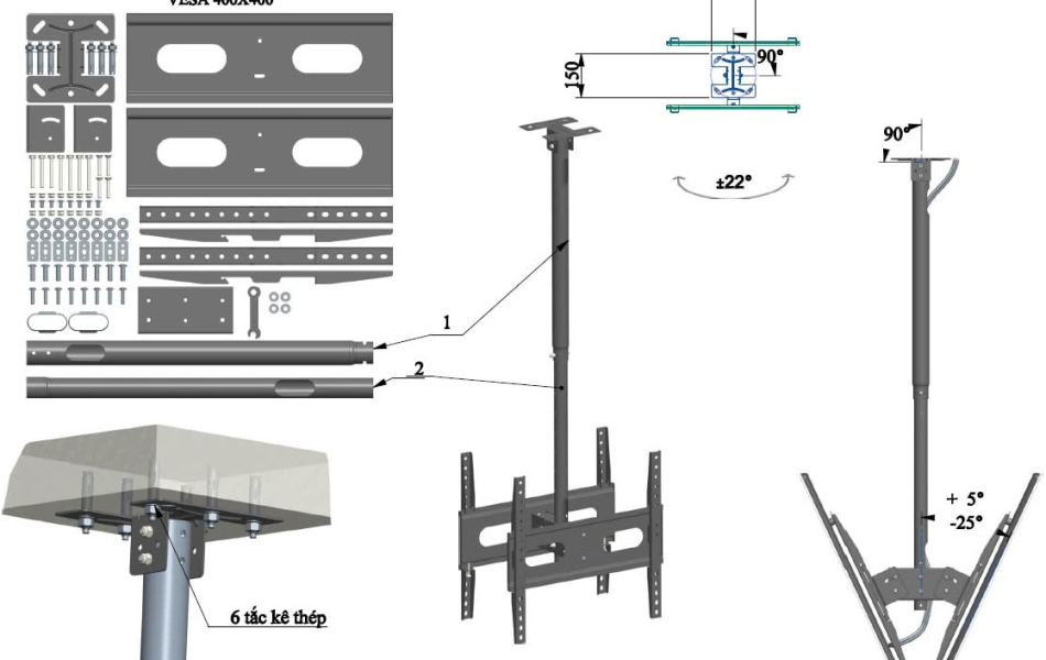 Khung treo thả trần Cảnh Phong TT02 (32 - 65 inch, mâm đôi treo 2 tivi, dài 768 - 1.118mm)