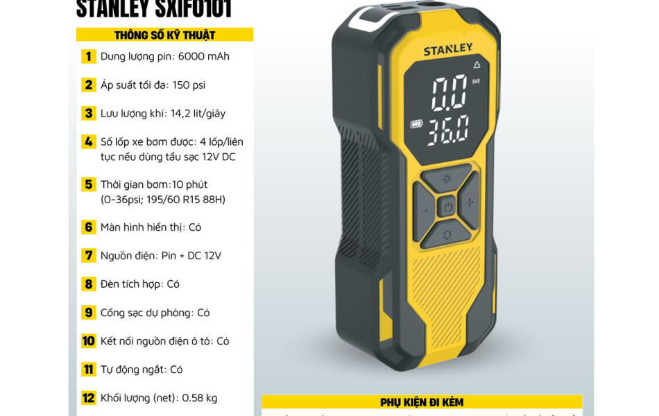 Máy bơm hơi dùng pin Stanley SXIF0101 (có đèn led, sạc dự phòng)