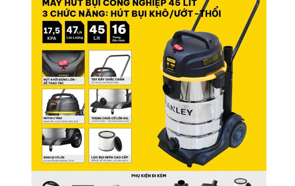 Máy hút bụi công nghiệp 3 chức năng Stanley SL19501-12BA 45 lít