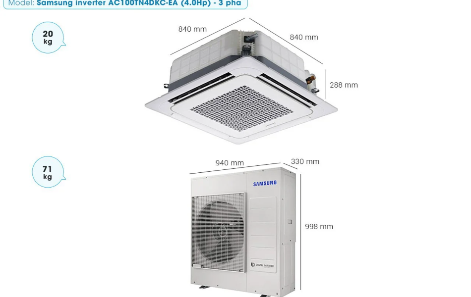 Máy lạnh Âm trần Cassette 4 Hướng Samsung Inverter 4 HP  AC100TN4DKC/EA