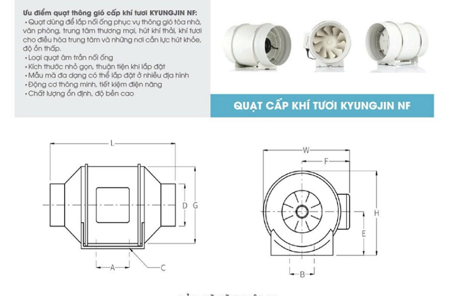 Quạt thông gió âm trần cấp khí tươi Kyungjin NF 250 2 tốc độ