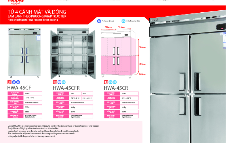  Tủ đông công nghiệp 4 cửa Happys HWA-45CF