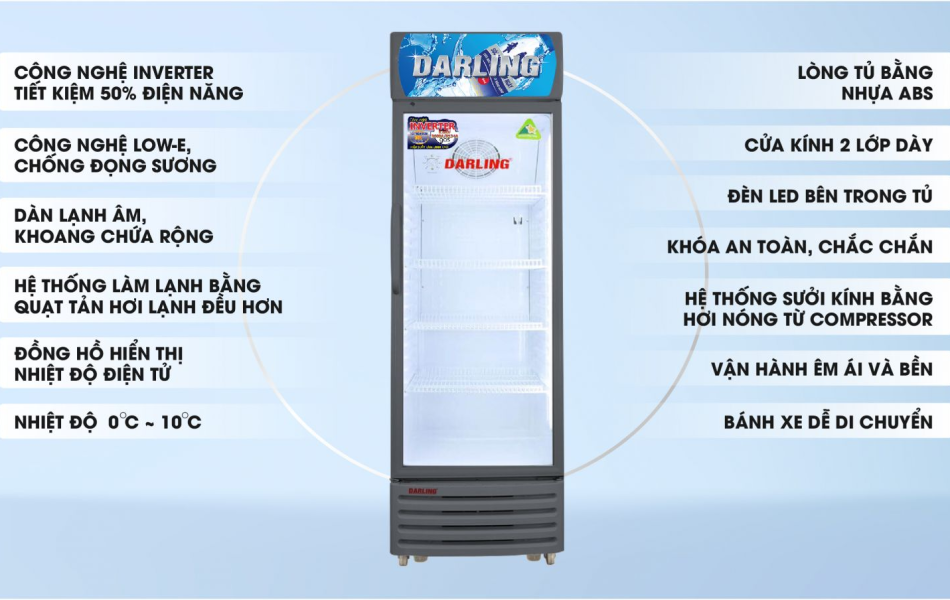 TỦ MÁT 1 CÁNH DARLING INVERTER 320L DL-3200A3 KÍNH LOW-E ĐEN