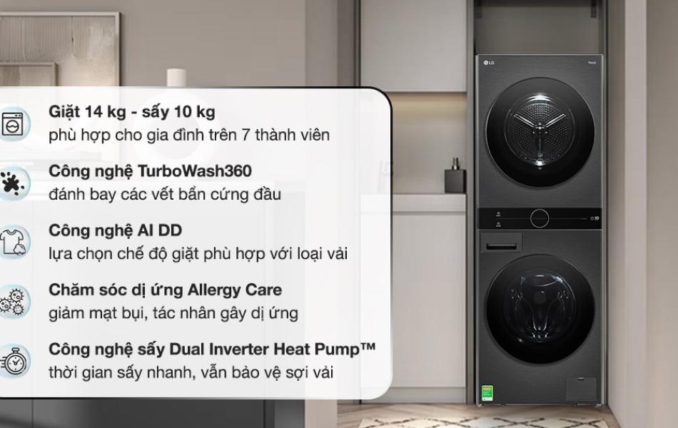 Tháp máy giặt cao cấp LG WashTower 14Kg + sấy 10Kg WT1410NHB