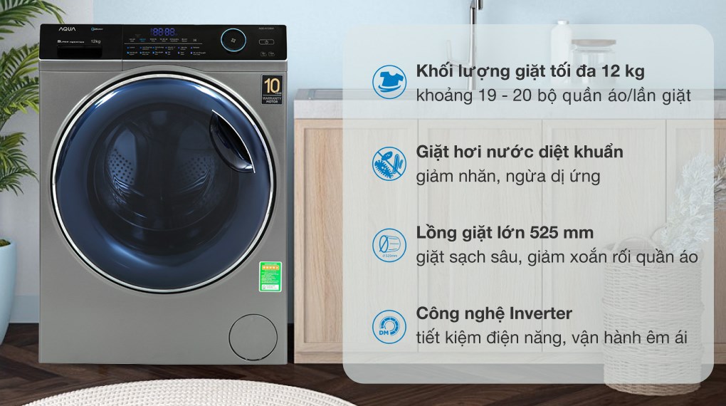 Máy giặt lồng ngang Aqua Inverter 12Kg AQD-A1200H.PS
