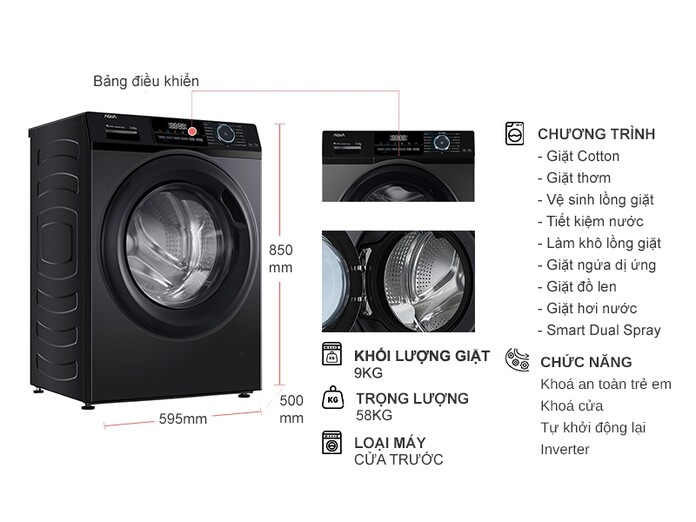 Máy giặt lồng ngang Aqua Inverter 9Kg AQD-A902J.BK