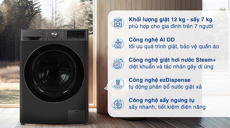 Máy giặt lồng ngang LG AI DD Inverter 12Kg + sấy 7Kg FV1412H3BA