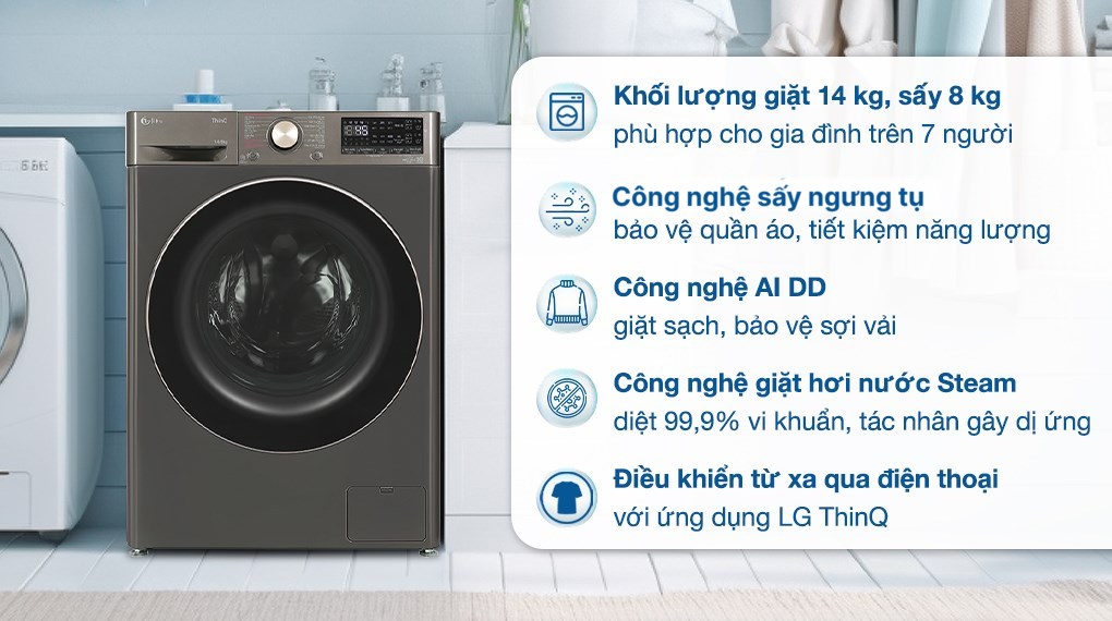 Máy giặt lồng ngang LG AI DD Inverter 14Kg + sấy 8Kg FV1414H3BA