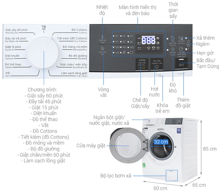Máy giặt sấy Electrolux Inverter Giặt 9Kg + sấy 6Kg EWW9024P3WC