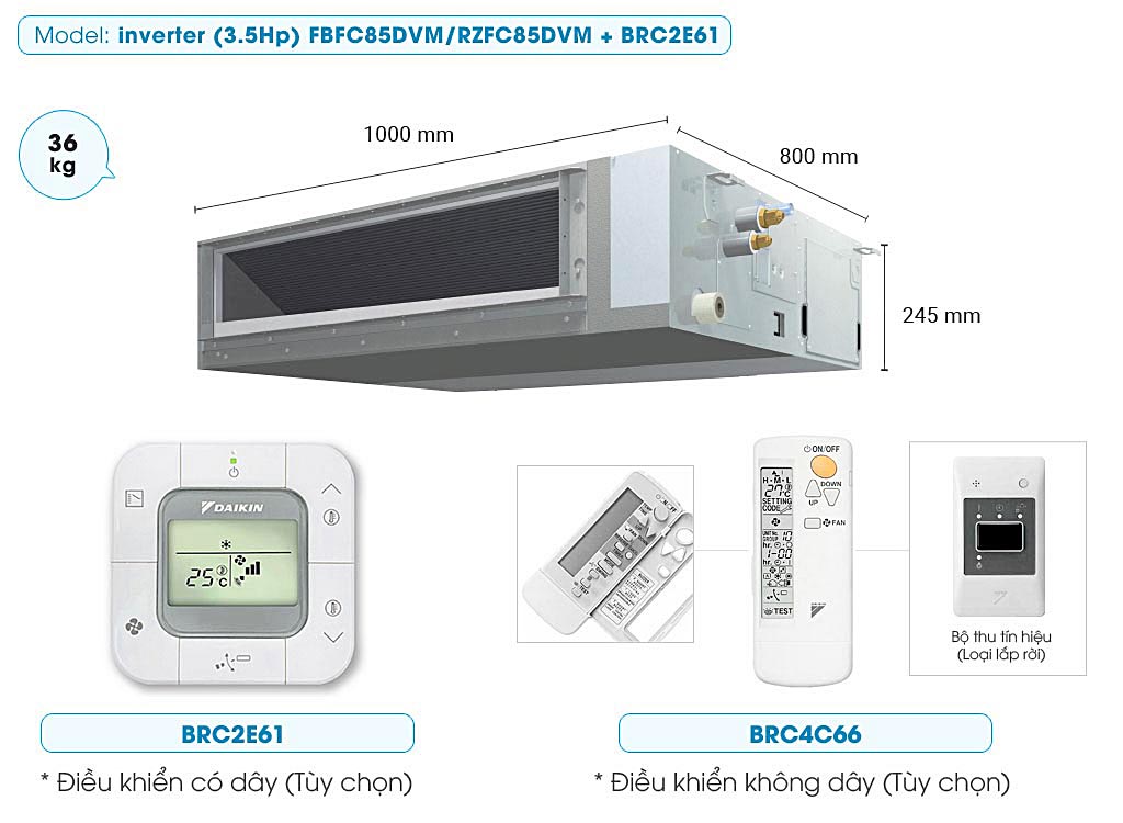 Máy lạnh âm trần nối ống gió Daikin Inverter 3.5HP FBFC85DVM9/RZFC85DY1 3 pha