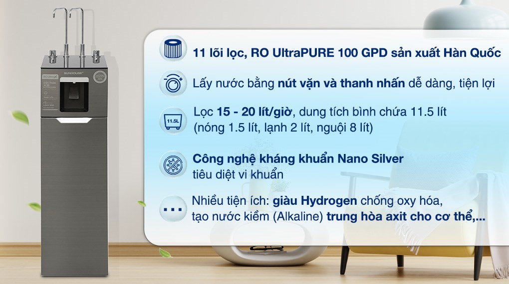 Máy lọc nước R.O nóng lạnh 10 lõi SUNHOUSE SHA76216CK