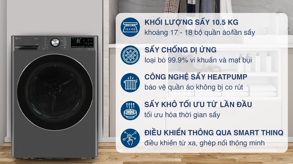 Máy sấy bơm nhiệt Heatpump Inverter LG 10.5Kg DVHP50B