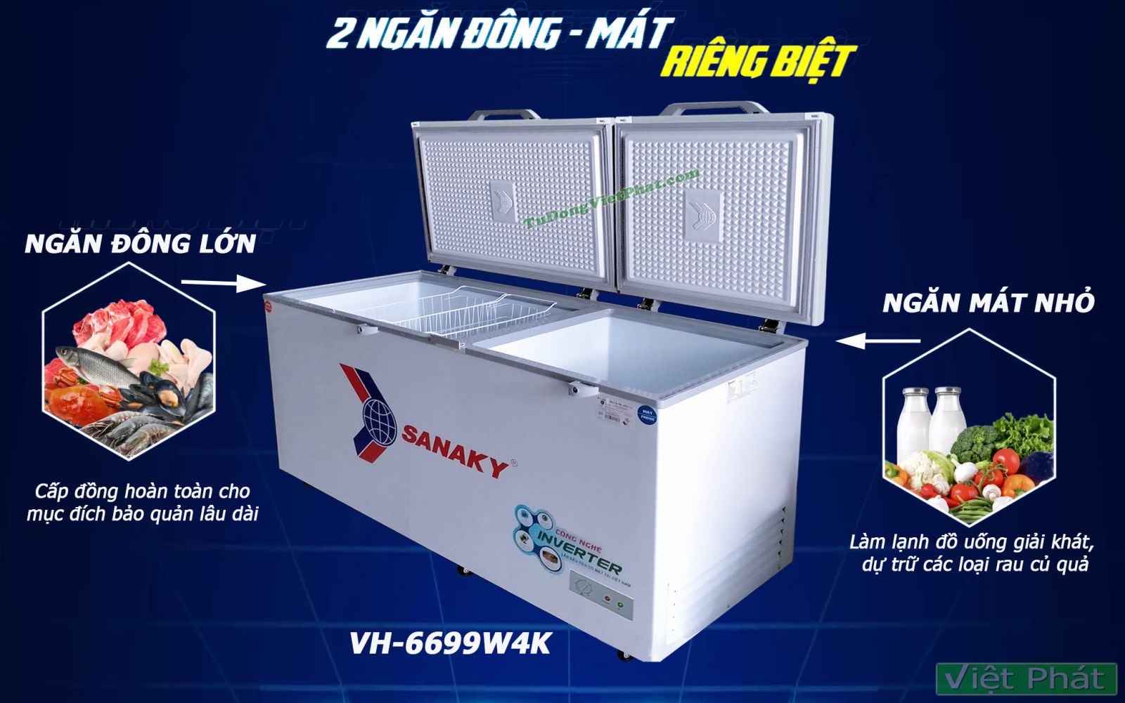 Tủ đông Sanaky VH-6699W4K Inverter 2 ngăn, 2 cánh