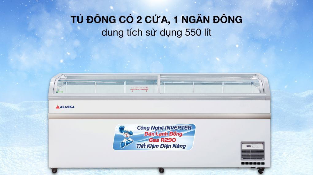 Tủ đông kính lùa cong Alaska Inverter 550 lít KC-550CI