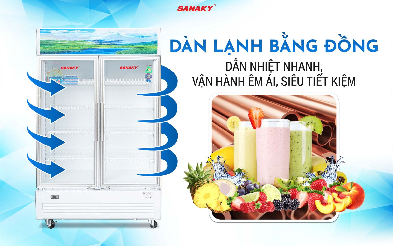 Tủ Mát Sanaky 1100 lít VH-1209HP 2 cánh, dàn lạnh đồng