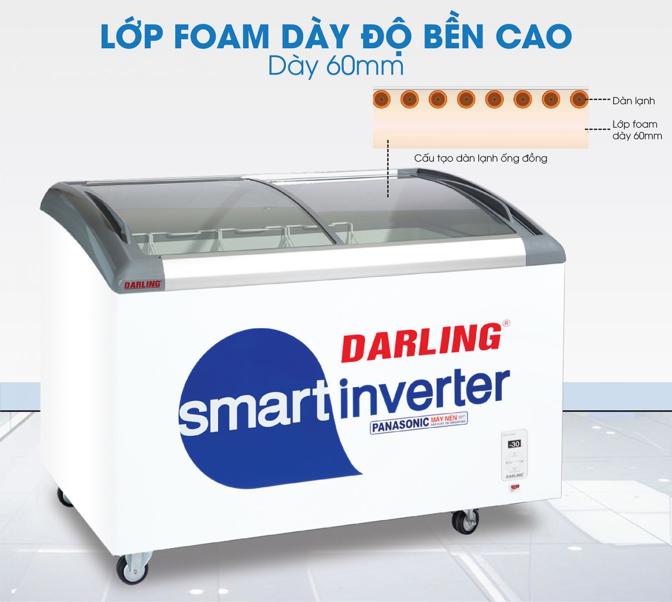 Model: DMF-6079ASKI  Dung tích: 650 lít Loại tủ: Tủ kem kính cong lùa Nhiệt độ: +10℃ đến -30℃ (khả năng làm lạnh sâu, bảo quản kem tối ưu) Dàn lạnh: Ống đồng 100% (bền bỉ, làm lạnh nhanh) Gas: R290 (thân thiện với môi trường) Công nghệ tiết kiệm điện: Inverter (tiết kiệm điện năng tối đa) Điều khiển: Điện tử (bảng điều khiển thông minh) Kích thước (DxRxC): 1620 x 695 x 910 mm