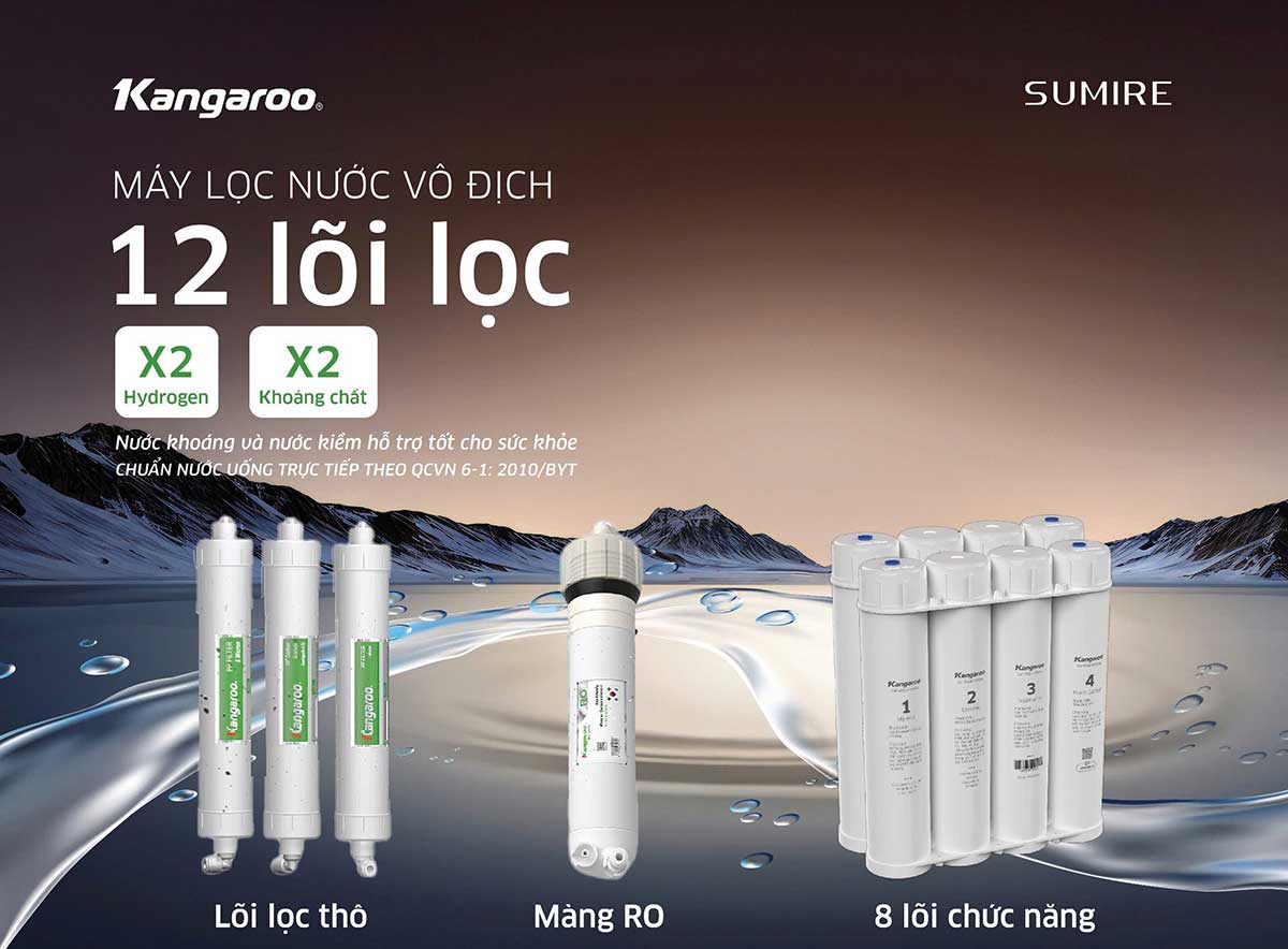 Máy lọc nước RO Hydrogen ion kiềm Kangaroo Sumire KGEP12A1 12 lõi