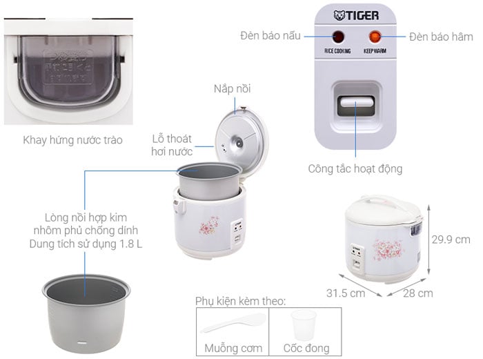 Nồi cơm điện nắp gài Tiger JNP-1800 1.8 lít FK/FL/TN