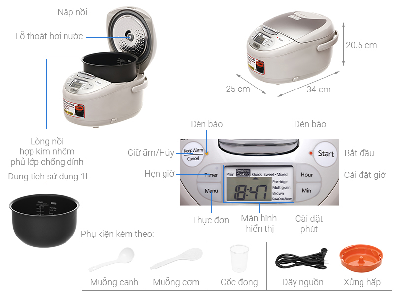 Nồi cơm điện tử Tiger JAX-S10W 1lít 