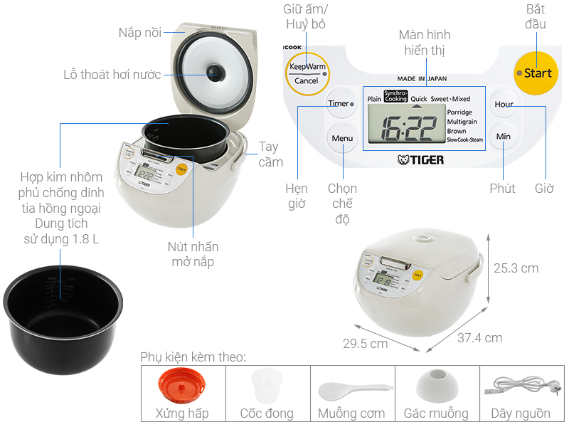 Nồi cơm điện tử Tiger 1.8 lít JBV-S18W