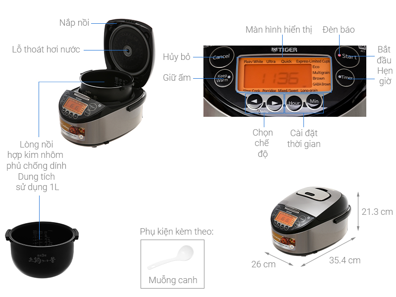 Nồi cơm điện tử cao tần Tiger 2 trong 1 JKT-D10V (1 lít)