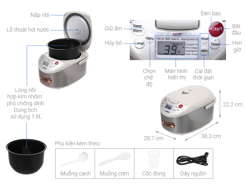 Nồi cơm điện tử cao tần Tiger JKW-A18W 1.8 lít