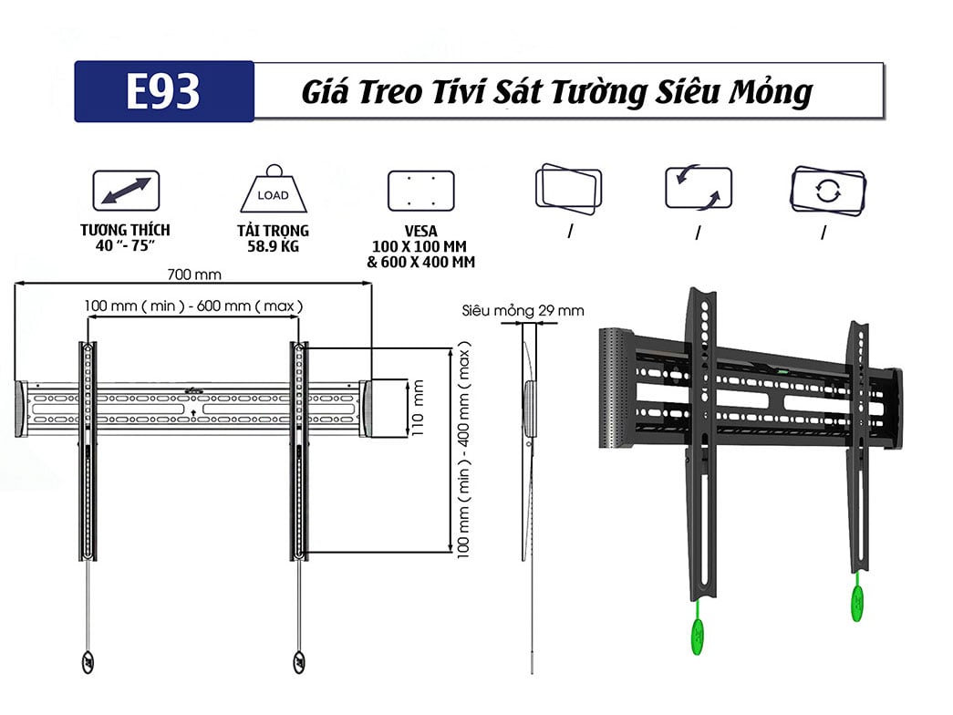 Giá treo tivi sát tường siêu mỏng ERGOTEK E93