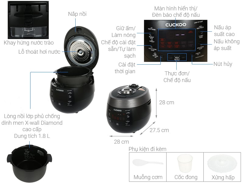 Nồi cơm áp suất điện tử 1.8 lít Cuckoo CRP-RT1008F/BKTSVNCV