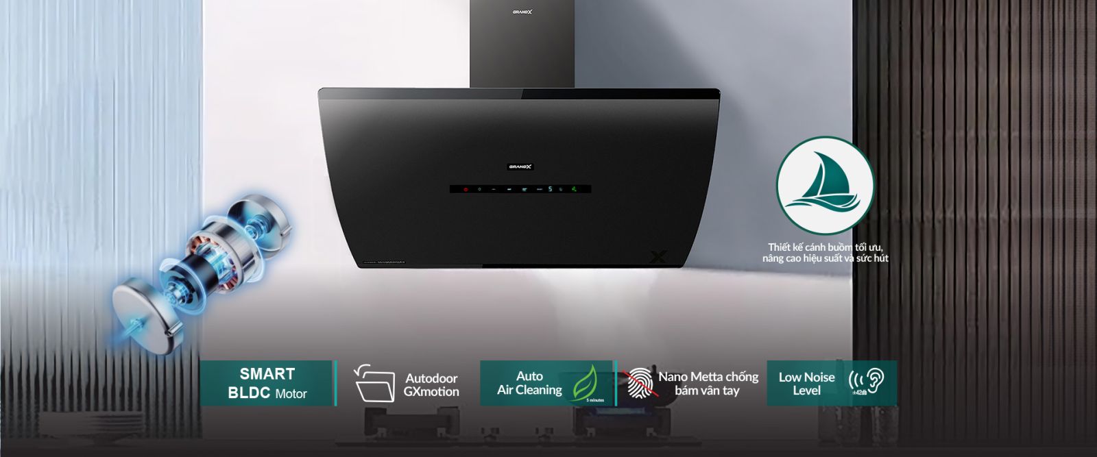 Máy hút mùi vát tự động mở cửa GrandX GX H90F87B