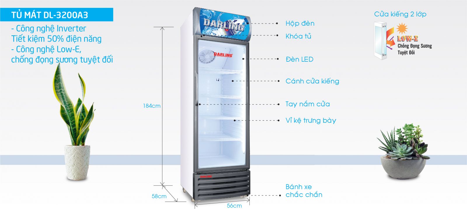 TỦ MÁT 1 CÁNH DARLING INVERTER 320L DL-3200A3 KÍNH LOW-E ĐEN