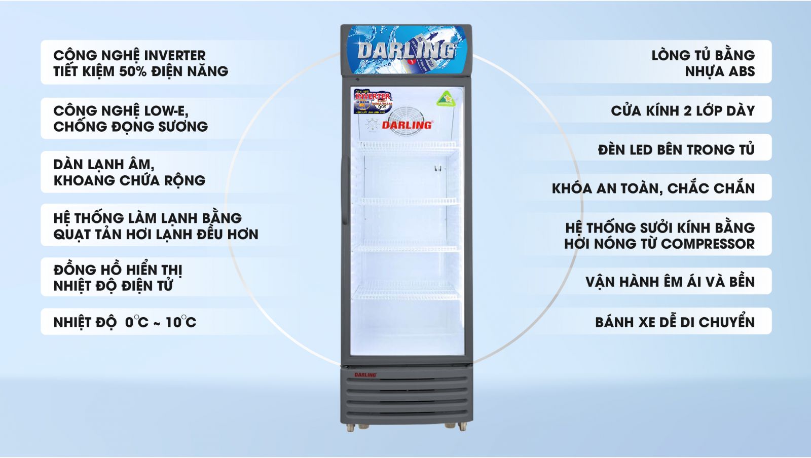 TỦ MÁT 1 CÁNH DARLING INVERTER 320L DL-3200A3 KÍNH LOW-E ĐEN