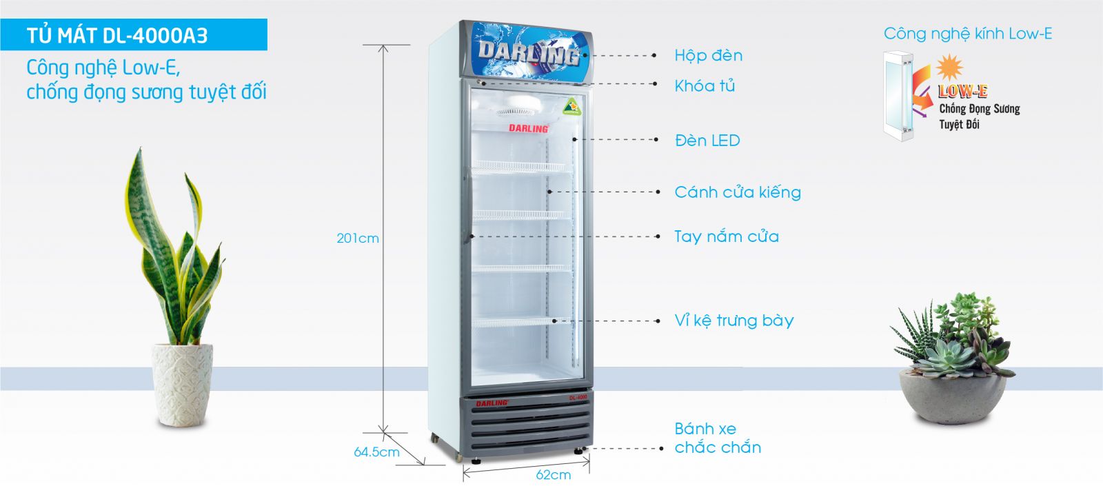 TỦ MÁT 1 CÁNH DARLING INVERTER 450L DL-4000A3 KÍNH LOW-E ĐEN