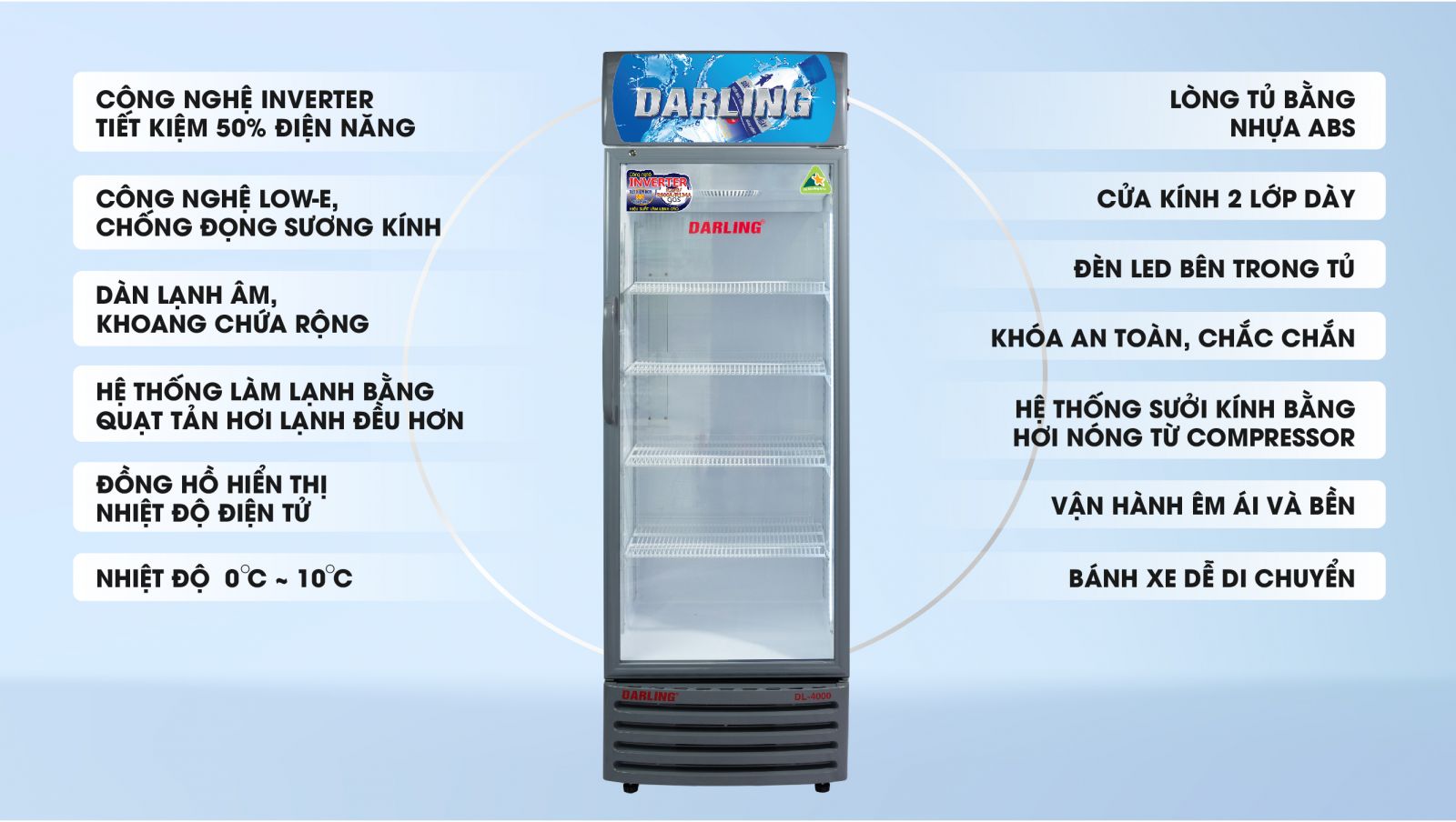 TỦ MÁT 1 CÁNH DARLING INVERTER 450L DL-4000A3 KÍNH LOW-E ĐEN