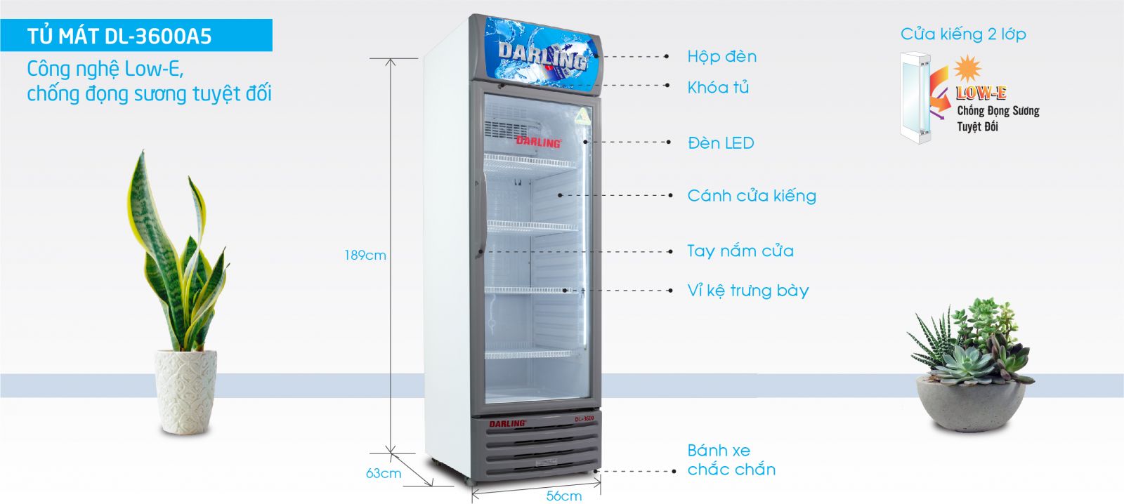 TỦ MÁT 1 CÁNH DARLING INVERTER DL-3600A5 380L KÍNH LOW-E ĐEN