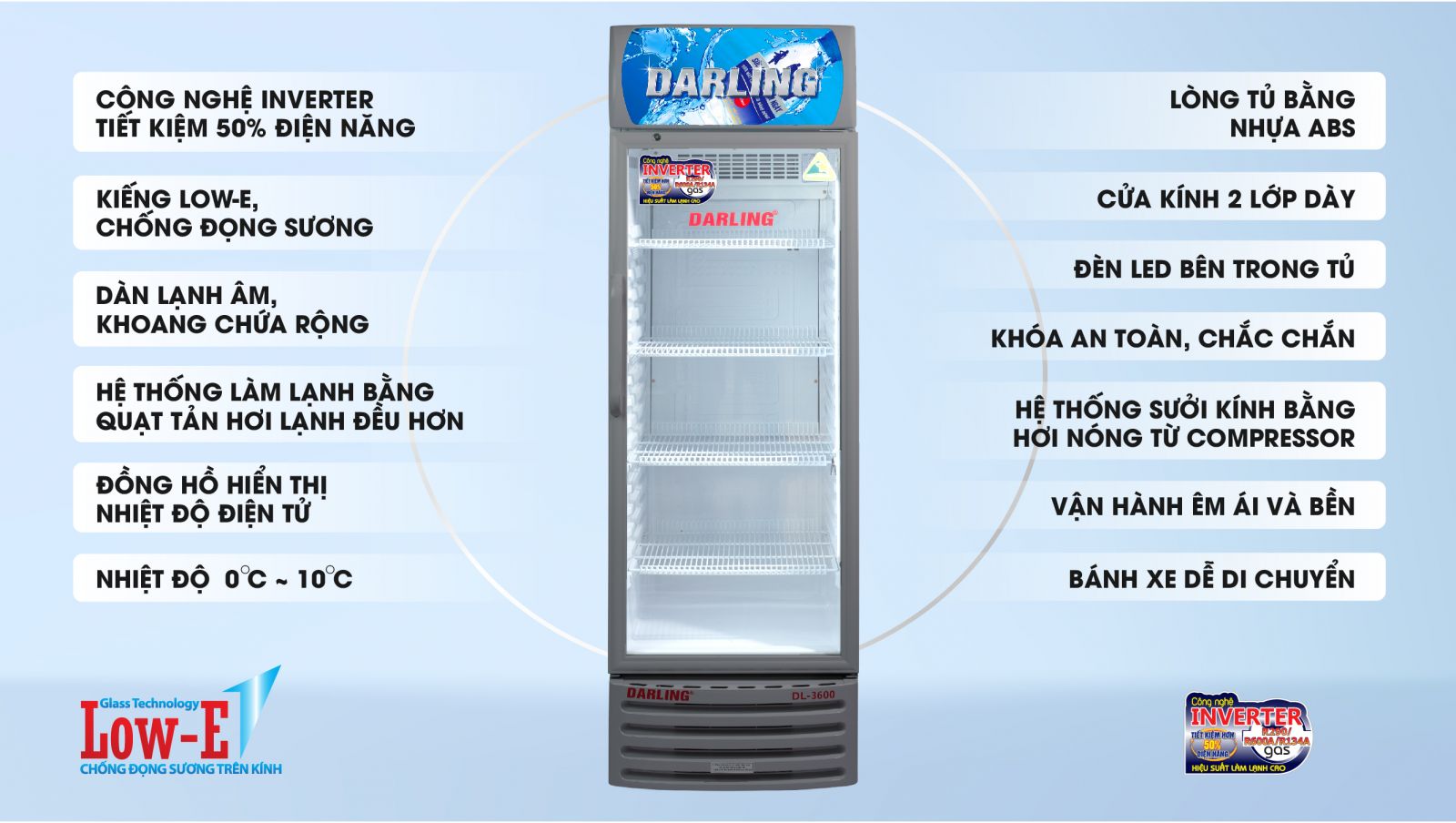 TỦ MÁT 1 CÁNH DARLING INVERTER DL-3600A5 380L KÍNH LOW-E ĐEN